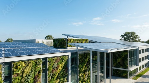 Modern eco-friendly office building with solar panels on roof and green living wall facade under blue sky, sustainable architecture concept