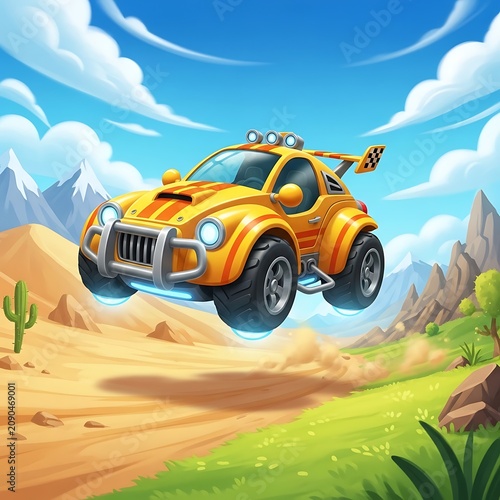 Bright orange off-road SUV driving through desert landscape.