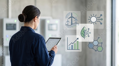 Engineer monitoring renewable energy systems on tablet in control room, smart grid technology concept, solar and wind power management, industrial automation dashboard, electric...