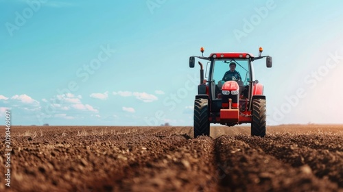 A farmer operates a red tractor plowing a vast furrowed agricultural field with rich brown soil beneath a bright blue sky with scattered clouds
