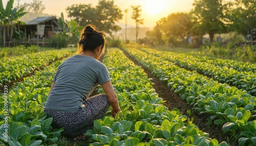 Woman Harvesting Vegetables in Organic Farm at Sunrise with Golden Light