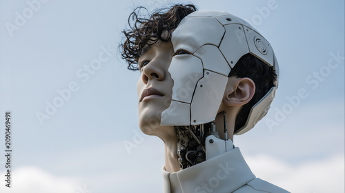 Profile portrait of a young man with half his face covered by a white robot mask. Cyborg, Artificial Intelligence, Robotics, Future Technology Concept.