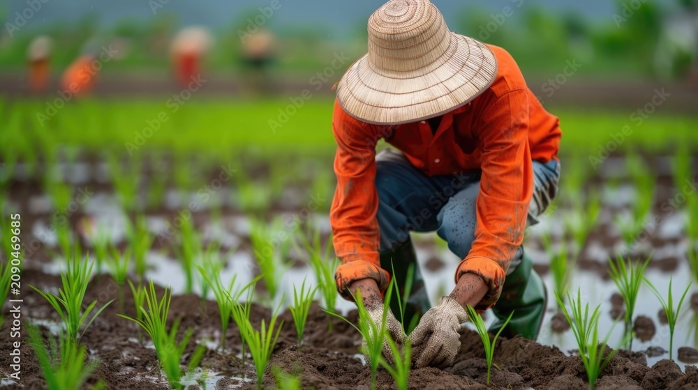 Fototapeta premium A farmer wearing a wide straw hat and orange shirt kneels in a flooded paddy field diligently planting rice seedlings into the wet earth