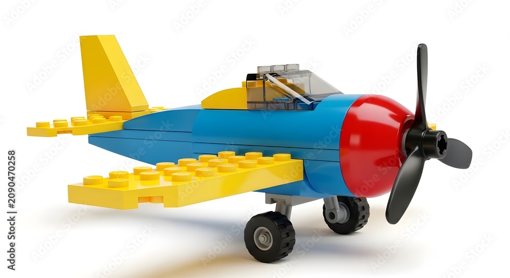 Fototapeta premium Toy airplane made of colorful plastic building blocks isolated on white background