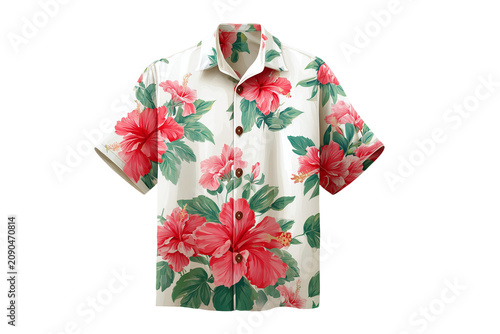 Tropical beach shirt with hibiscus prints and coconut buttons isolated on transparent background, Clipart png