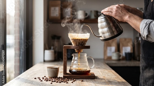 Professional Barista Brewing Specialty Pour-Over Coffee with a Gooseneck Kettle
