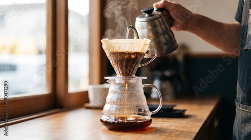 Barista brewing fresh filter coffee near window