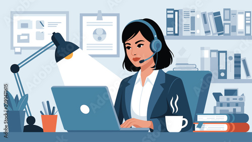 Professional female call center agent wearing a headset and working on her laptop at a desk in a modern office with bookshelves.
