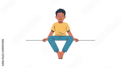 Young boy with dark hair and a yellow t-shirt sits peacefully on a horizontal line with his eyes closed and a gentle smile on his face.