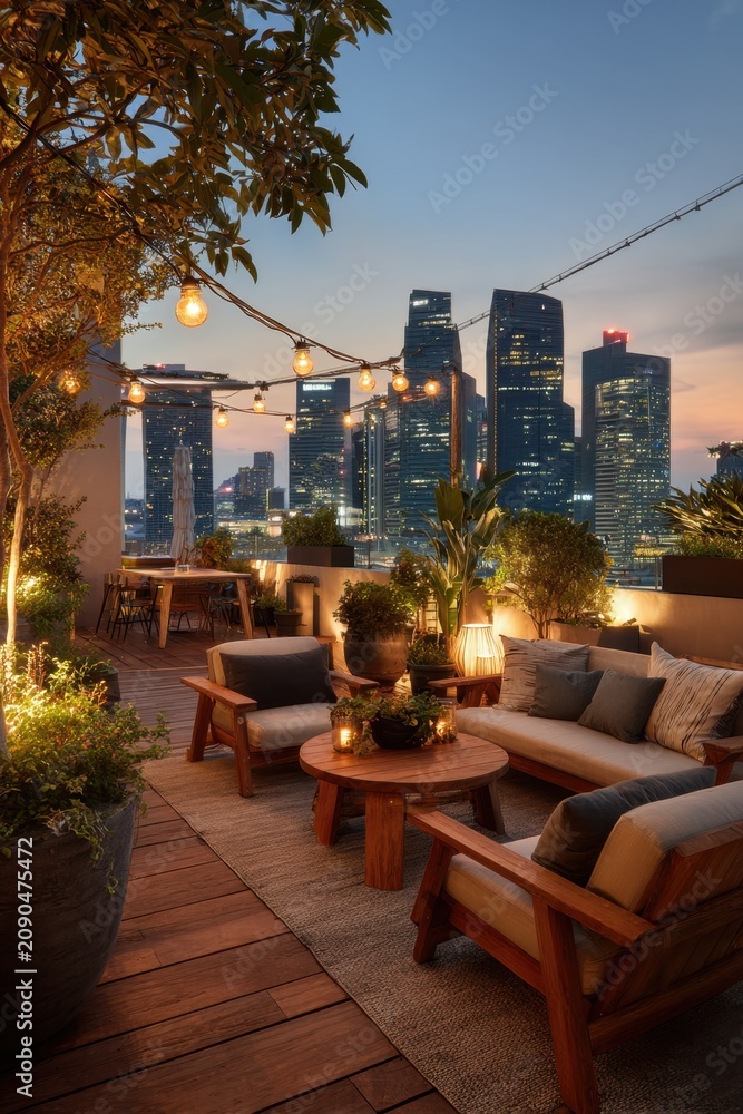 Fototapeta premium Rooftop terrace setup for relaxation with city view and lights during evening hours in urban area