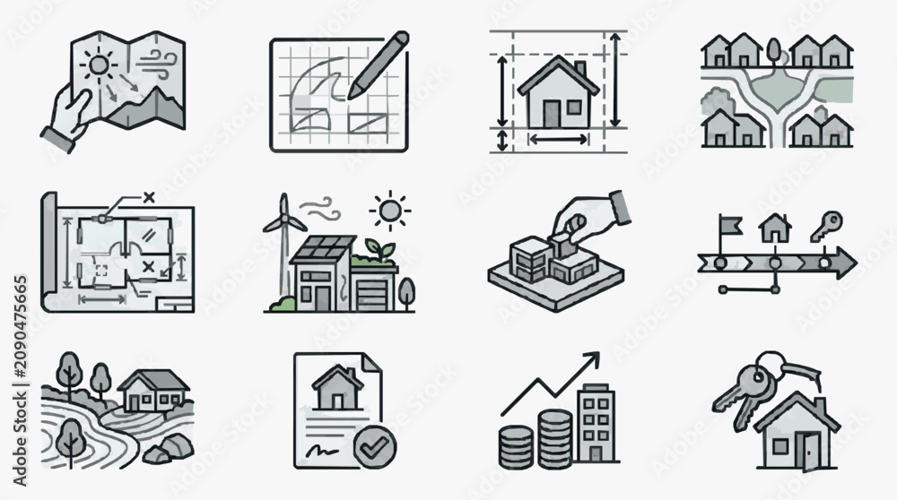 Fototapeta premium Clean Minimalist Line Art Icons Set Featuring Real Estate Architecture and Urban Development Concepts