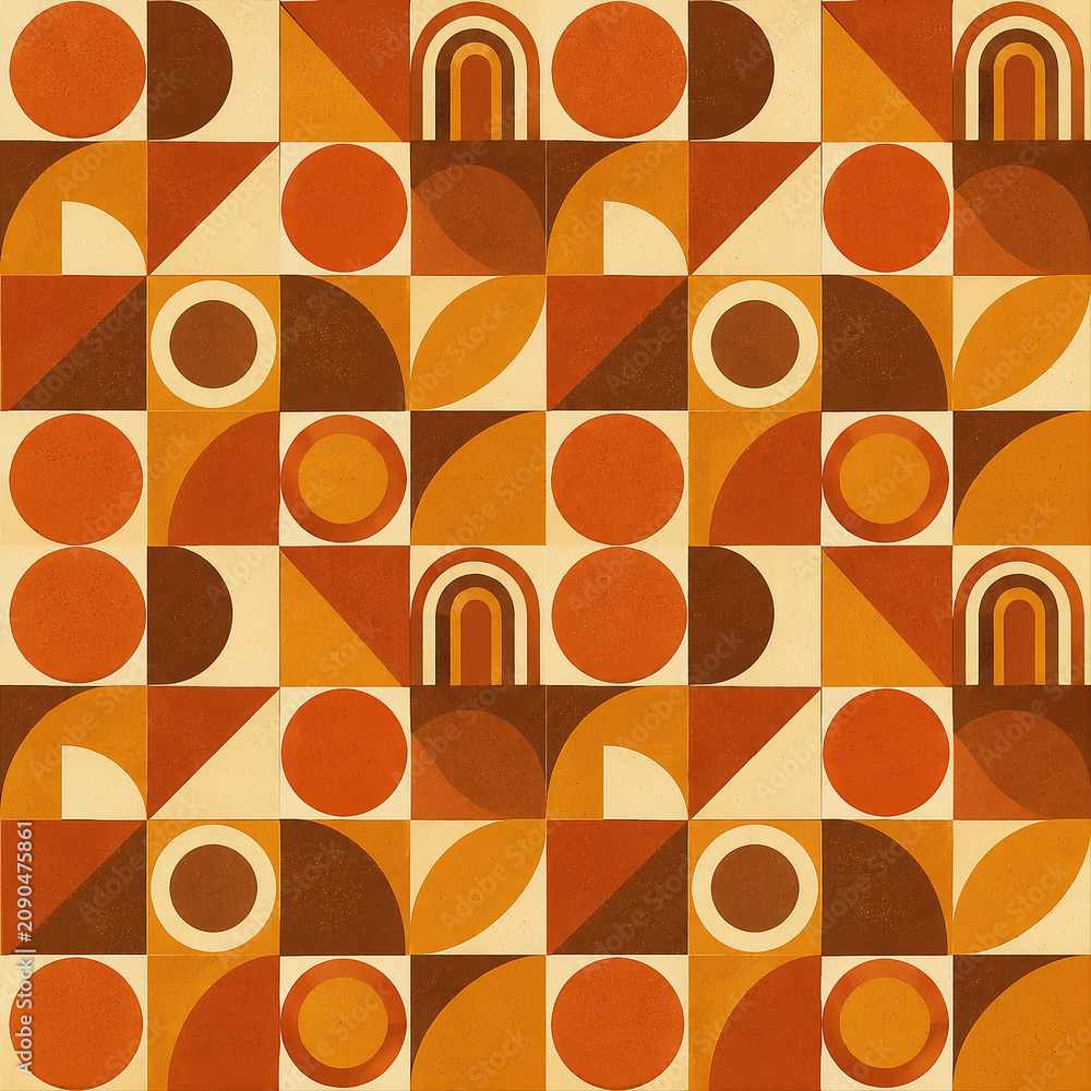 Abstract retro geometric vector pattern with repeating shapes in warm vintage 70s colors including burnt orange, gold and cream, seamless tileable composition
