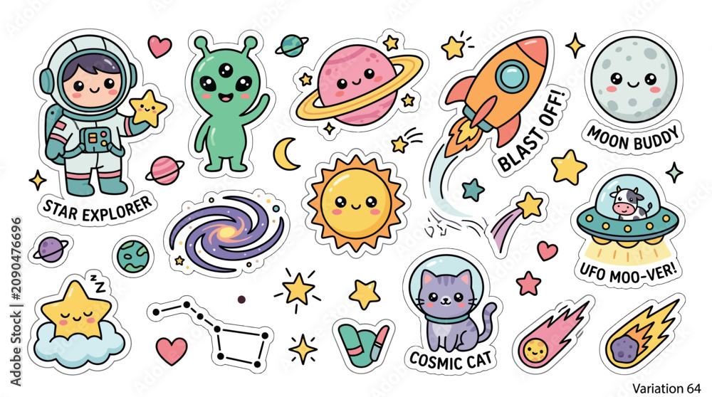 Fototapeta premium Cute Kawaii Space Sticker Set with Planets Astronaut Alien and Rocket.