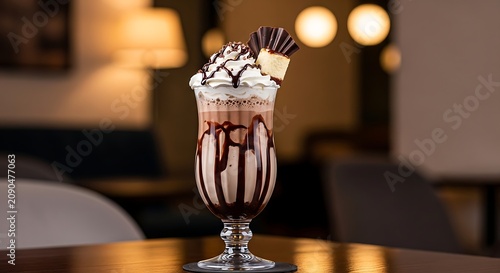 Close up of a tall glass of iced coffee with cream.