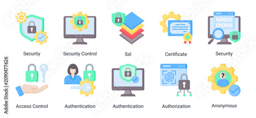 Network Security icon set vector illustration featuring authentication,authorization,ssl protection,certificate validation,and secure internet access concepts.