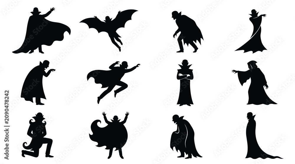 Fototapeta premium Set of silhouettes of dracula, vampire in a cloak