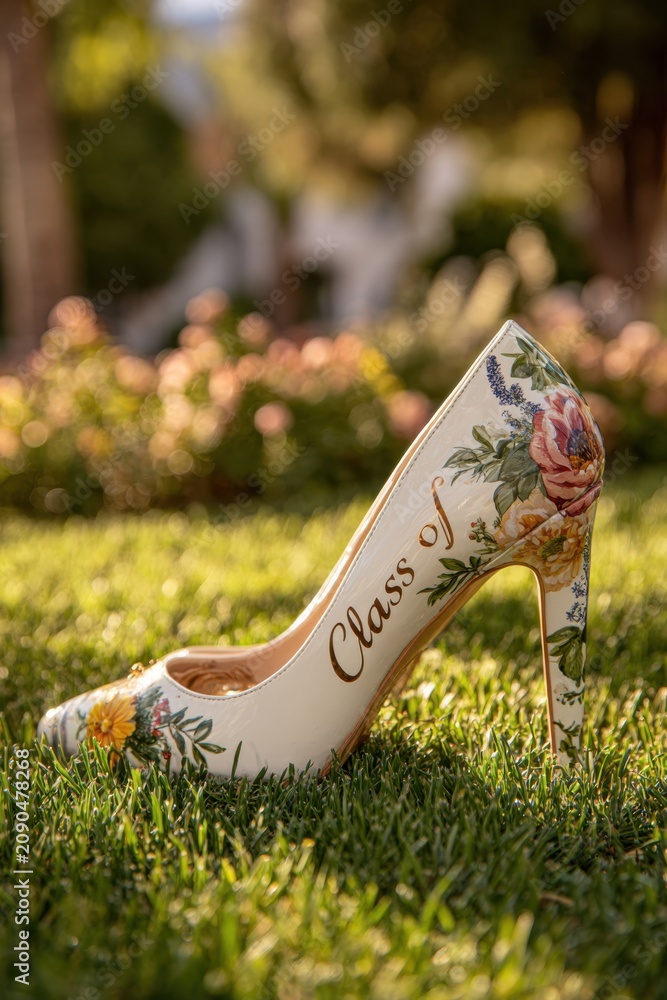 Fototapeta premium Graduation celebration with high heel shoes placed on grass among beautiful flowers in the garden during daytime
