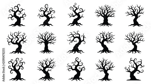 Foto Set of black silhouettes of spooky leafless trees collection of creepy dead tree