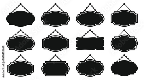 Bild auf Leinwand Set of vintage hanging signs, blank wooden or metal signboards with chains, vect