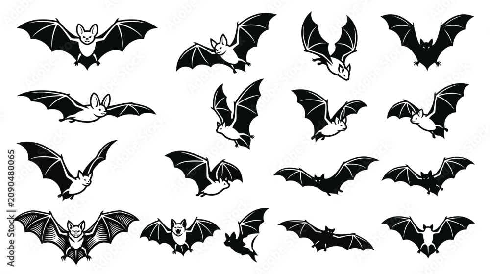 Fototapeta premium Diverse bat silhouettes collection vector illustrations for halloween gothic designs and wildlife graphics