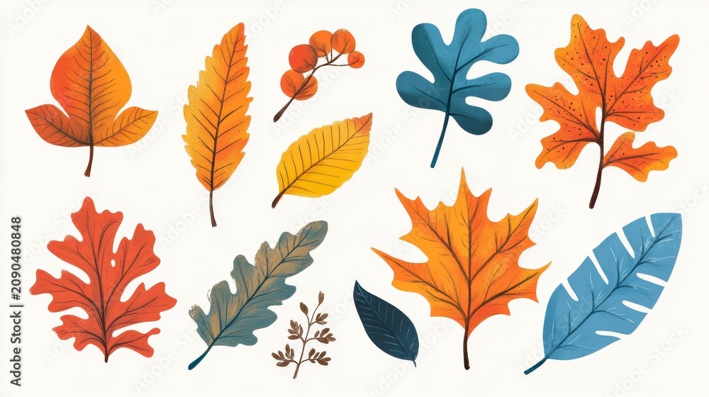 Fototapeta premium Collection of autumn leaves in various colors and shapes, isolated on white background.