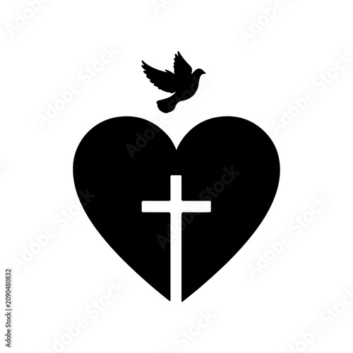 Schilderij op canvas Symbolic Heart with Cross and Bird Illustration.