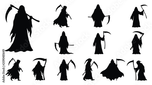Foto Set of silhouettes of the grim reaper with a scythe, death characters