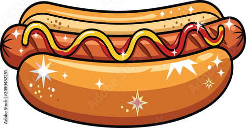 Shiny cartoon hot dog with mustard and ketchup illustration