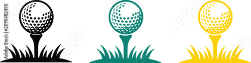 Vector golf ball on tee set silhouette icons on grass field isolated on white background for sports design