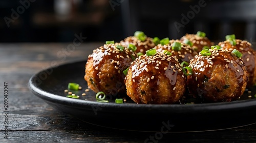 Delicious fried takoyaki octopus balls topped with sesame seeds and green onions on a black plate. manchurianw