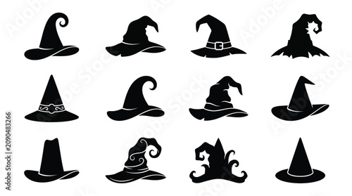 Картината върху платно Set of witch hats silhouettes, halloween vector icons, magic wizard caps