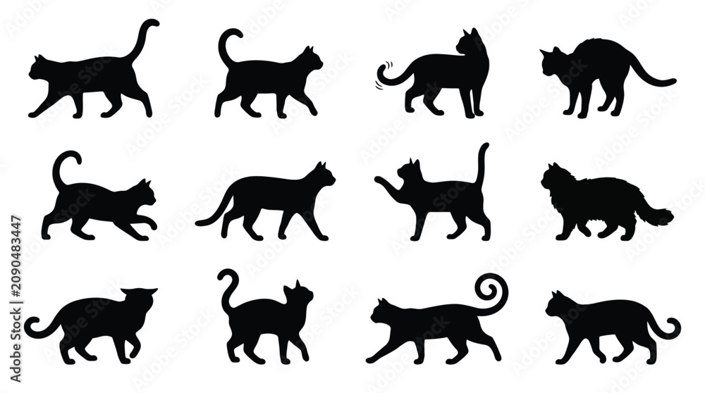Obraz premium Set of silhouettes of cats in various poses, walking, sitting, standing, and playing, black cat icons