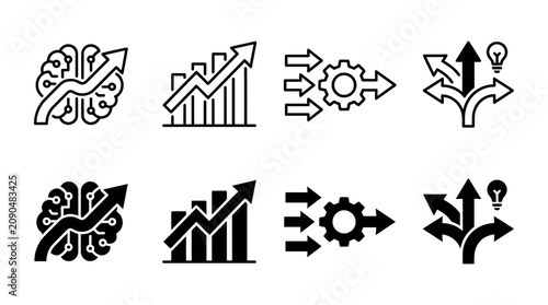 Business growth and strategic thinking icons featuring artificial intelligence and charts intelligence strategy