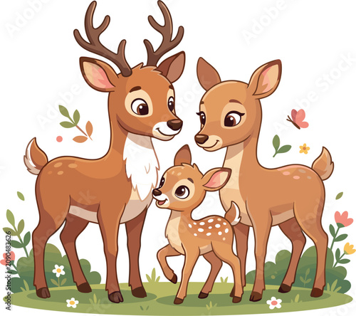 Foto Cute Deer Family Cartoon Character Vector Illustration with Stag, Doe, and Baby