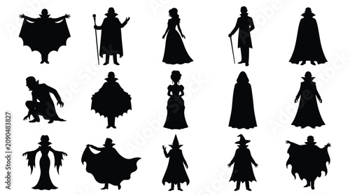 Foto Vampire and witch silhouettes set, gothic horror characters, dracula, victorian