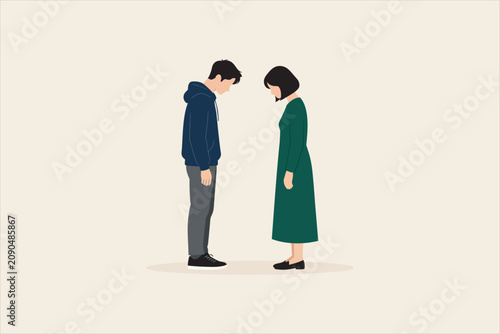 Tableau sur toile Young man and woman standing with bowed heads, expressing apology, respect, sadness, regret, reconciliation, or cultural greeting in a simple flat illustration