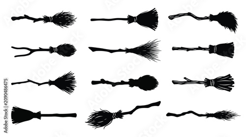 Obraz na płótnie Set of witch brooms silhouettes vector illustration of magic broomsticks for hal