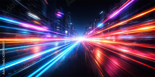Konstfotografi A dynamic, futuristic cityscape at night, with streaks of vibrant neon light blurring past, creating a sense of rapid movement and technological advancement