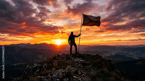 Person holding flag on mountain peak at sunset with cloudy sky