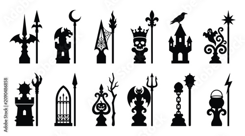 Bild auf Leinwand Set of gothic fence finials and decorative spearheads, spooky halloween iron gat