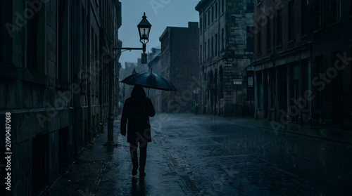 A woman walks alone down a dimly lit city street on a rainy evening with an umbrella.