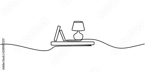 Continuous One Line Drawing of Floating Bedside Shelf with Lamp and Book Vector Illustration