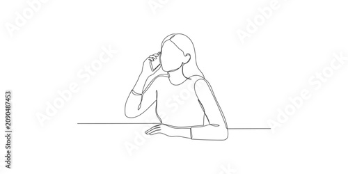 Continuous single line drawing of a young woman talking on a mobile phone while sitting at a desk