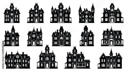 Set of haunted house silhouettes black vector illustrations of spooky mansions, gothic castles, and old victorian homes for halloween design