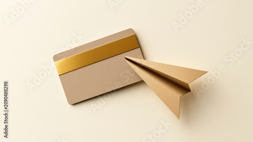 A card is positioned next to a paper airplane on an off-white surface showcasing a money transfer idea with ample space for additional details.