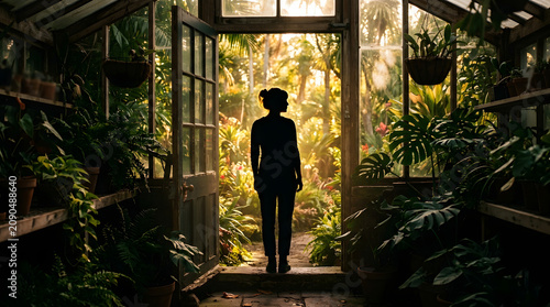 Person Enters Greenhouse with Lush Plants and Natural Light Inside