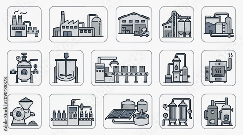 Fotografie Clean Monochrome Line Icons Set of Industrial Manufacturing and Processing Equip