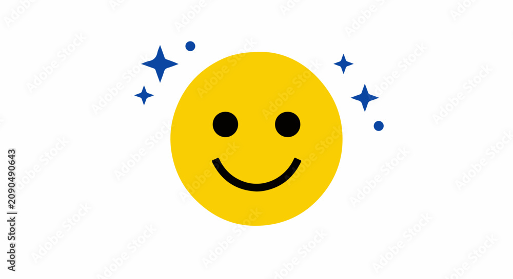 Naklejka premium Bright yellow happy smiley face icon with vibrant blue sparkling stars floating around the circular shape isolated against a plain white background used for modern digital graphic design artistic 