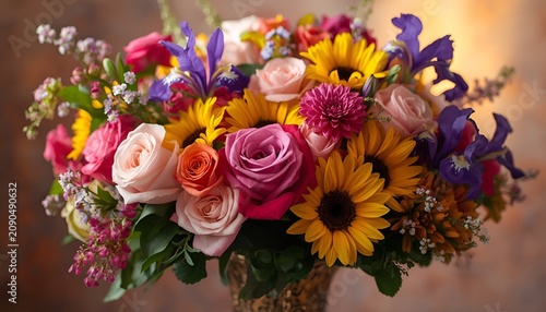 Beautiful Colorful Mixed Flower Bouquet in Elegant Vase with Roses, Sunflowers and Irises Still Life