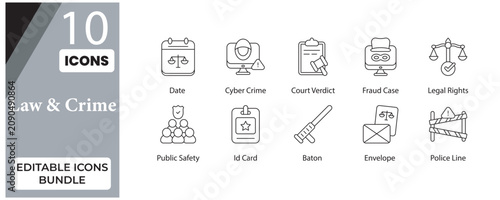 Law and Crime Editable Line Icons Bundle | Justice, Legal & Security Vector Pack